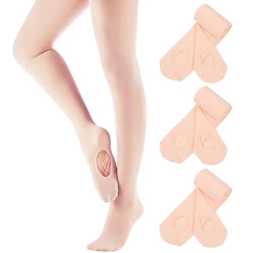 Girls Convertible Ballet Tight 3 Pairs High Elastic Transition Pro Dance Tights Ultra Soft Ballerina Tight Semi-opaque Knit Footed Legging Kid 7-9 Years