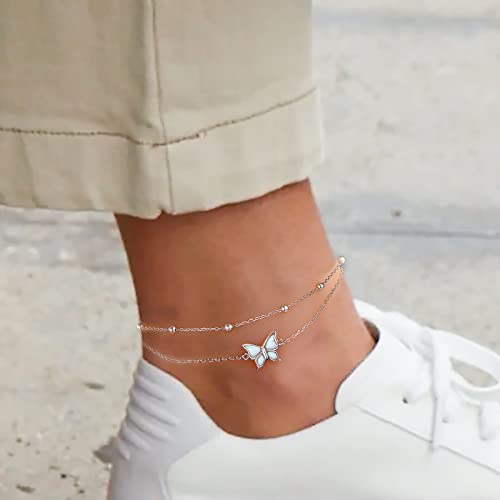 Image of Flyow Anklet for Women S925 Sterling Silver Adjustable Foot Beaded Heart Charm Ankle Bracelet Anklets Jewelry