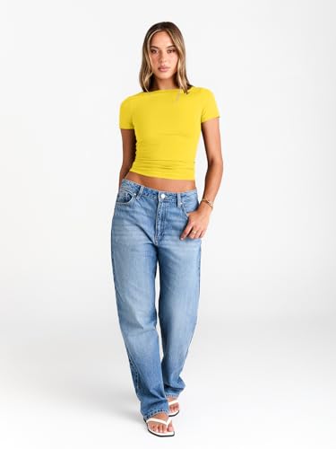 Image of Trendy Queen Womens Boat Neck Tops Short Sleeve Shirts | Compression Basic Tops,Y2K Aesthetic Slim Fit,Professional Business Casual, Polished Teacher Outfits