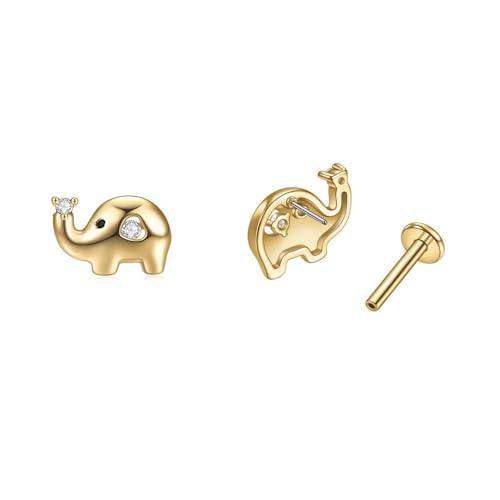 2Pcs Elephant Cartilage Labret Monroe Tiny Small Stud Earrings for Women Men Surgical Stainless Steel CZ Love Heart Animal Tragus Helix Studs Lip Nose Body Pierced Medusa Ring Cute Unisex Jewelry 18G (Gold)