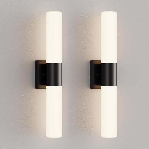 Bathroom Wall Sconces Set of Two, 21 Inch Modern Vanity Lights with Frosted Glass Shade, Bathrooms Vanity Lighting Fixtures for Mirror Bedroom Living Room Hallway (Black)