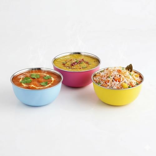 Image of Zaib Stainless Steel Microsafe Serving Bowl - 600ml Insulated Snack & Dessert Bowl (14 cm) (Multicolour)