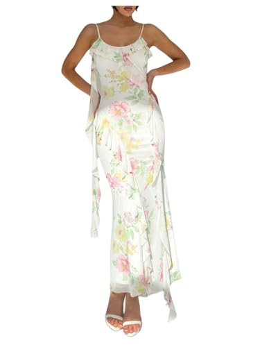 Milumia Women's Floral Mesh Ruffle Cami Dress Sexy Spaghetti Strap Bodycon Maxi Dresses