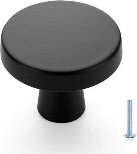Image of Ravinte 5 Pack Single Hole Matte Black Cabinet Knobs Kitchen Cabinet Handles Solid Drawer Pulls Kitchen Cabinet Hardware Kitchen Flat Black Drawer Knobs Round Cabinet Drawer Handles