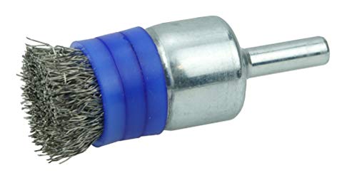 Image of Weiler 11113 0.0104 inch Wire Size, 302 Stainless Steel Bristles, Banded, Solid End, Stem-Mounted Crimped Wire End Brush, Made in the USA