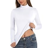 ONEW Langarmshirt Damen Thermo Hemd mit Stehkragen Warme Slimfit Rollkragen Oberteile Basic Longsleeve Thermal Top Unterziehshirt Weiß L