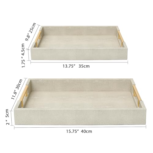 SwallowLiving Set of 2 Shagreen Serving Tray with Gold Polished Metal Handles Ivory Wood Decorative Tray PU Leather with Brushed Gold for Coffee Table Ottoman Console Table by SwallowLiving - Image 3