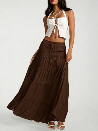 Image of Women's Boho Maxi Skirt Ruffle Flowy Low Rise A Line Beach Long Skirts | Flared Ruffle, Elastic Waist, Summer Vacation Skirts