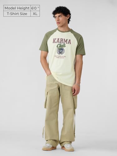Image of The Souled Store Karma Men and Boys Short Sleeves Round Neck Green Graphic Printed Regular Fit Cotton T-Shirts