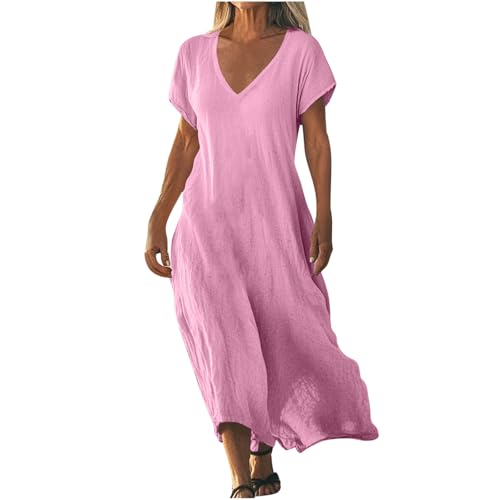 AACH Strandkleid Damen Lang Sommerkleider Elegant Kurzarm Freizeitkleid Lose Boho Maxikleid V-Ausschnitt Kleider Baumwolle Leinen Kleid Einfarbig...