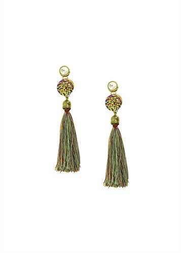 STORE INDYA Tassel Green-Mixed Earrings Antique Ethnic Fringe Drop Dangle Silky Thread Jewelry Hanging Earrings