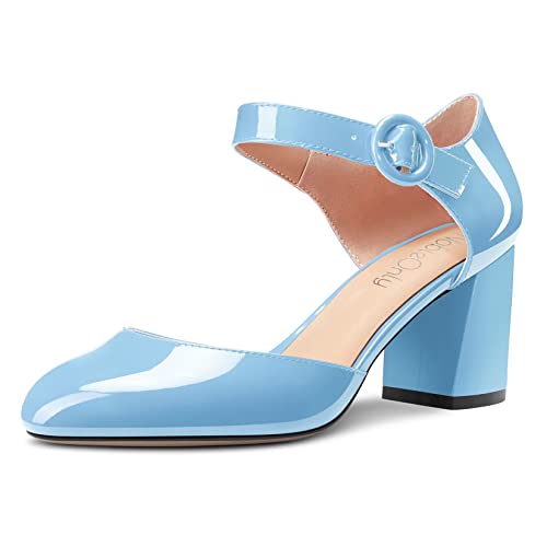 NobleOnly Women Mid Chunky Block Heel Round Toe Buckle Two-Piece Pumps Cute Dress Party Shoes 2.6 Inches Heels