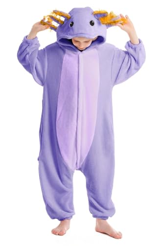 ATOZ Unisex Children Animal Purple Axolotl Onesie Halloween Costume Pajamas Christmas Cosplay Sleepwear For Boys Girls 10-11Y