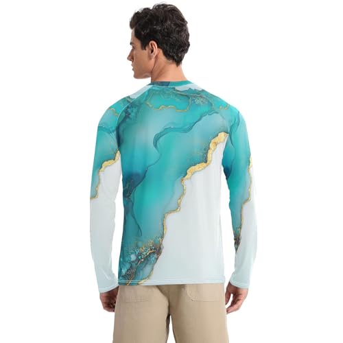 Marble Turquoise White Long Sleeves UPF 50+ Classic Crew Neck Comfort Sun Shirt for Men Long Sleeve Water Fishing2