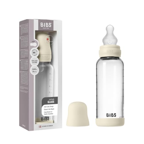 BIBS Baby Glass Bottle. Anticólicos. Tetina redonda de Silicona. Favorece la lactancia natural, 240ml, Complete Set - Ivory