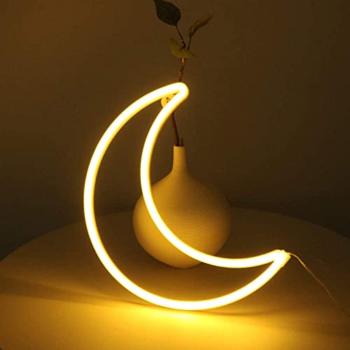 LED Warm White Moon Neon Light, Cute Neon Moon Sign,Christmas Room Decor Battery or USB Powered 5V Art LED Decorative Lights Night Lights Indoor for Home, Bedroom, Office,Dorm,Party (Warm White Moon)