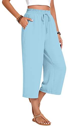 Image of Anyhold Women's Capri Pants Drawstring Casual Palazzo Trousers with Pockets Loose High Waisted Wide Leg Lounge Pants