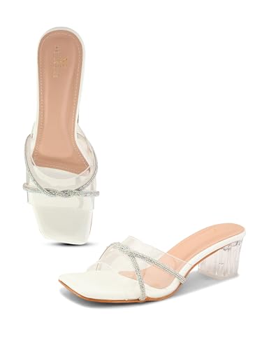Image of XE Looks Patent Block Heels with Transparent Straps | Rhinestone Embellished Upper | Stylish Square Toe Sandals | Glossy Block Heels for Girls