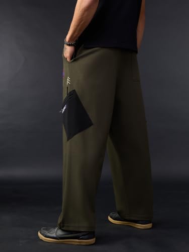 Image of The Souled Store Top Gun: Sky Ace Men and Boys Drawstring Waist Olive Green Solid Cotton Blend Relaxed Fit Zippered Utility Pocket All-Season Lightweight Joggers