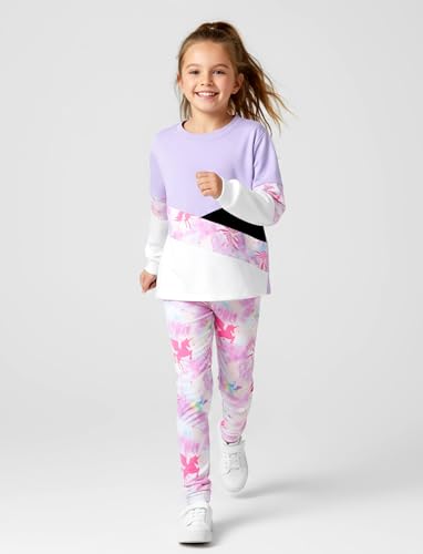 Image of PATPAT Girls 2 Piece Outfits Size 11-12 Years, Purple Unicorn Color Block Sweatshirts and Leggings Clothing Sets Sweatsuit Fall Outfits Joggers Lounge Set Tracksuit Preppy Clothes for Girls