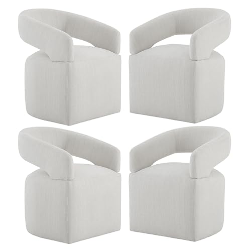 Image of KISLOT Upholstered Dining Chairs with Casters, Modern Barrel Side Armchair with Rollers for Dining Room, Bedroom, Kitchen, Reading Room, Linen Fabric, Set of 4