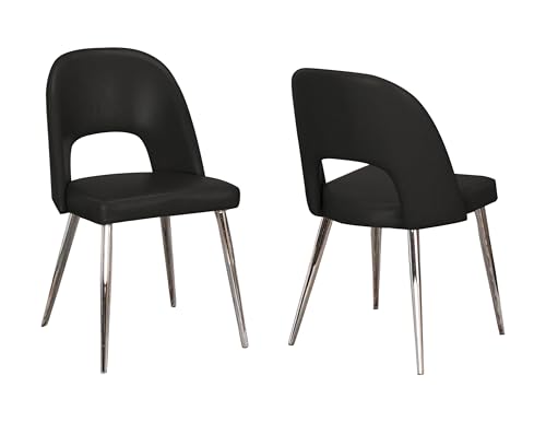Sunset Trading Mia Faux Leather Dining Chair | Polished Chrome Silver Tapered Legs | Black Padded Seat with Arched Open Back | Set of 2 | Contemporary, Mid-Century Modern Kitchen Sidechairs