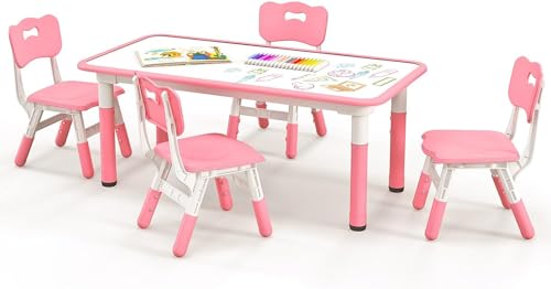 Costzon-Kids-Table-and-4-Chair-Set-Height-Adjustable-Toddler-Desk-and-Chairs-with-Graffiti-Desktop-Non-Slip-Legs-Children-Art-Study-Multi-Activity-Table-Set-for-Home-Daycare-School-Pink Costzon Kids Table and 4 Chair Set Height Adjustable Toddler Desk and Chairs with Graffiti Desktop Non Slip Legs Children Art Study Multi Activity Table Set for Home Daycare School Pink