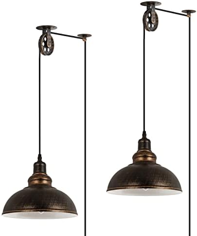 KIGHSIN Industrial Plug in Pulley Pendant Light with 19.5ft Cord On/Off Switch, Vintage Barn Bronze Domed Hanging Ceiling Light Fixture for Farmhouse Kitchen Island Living Dining Room (2 Pack)