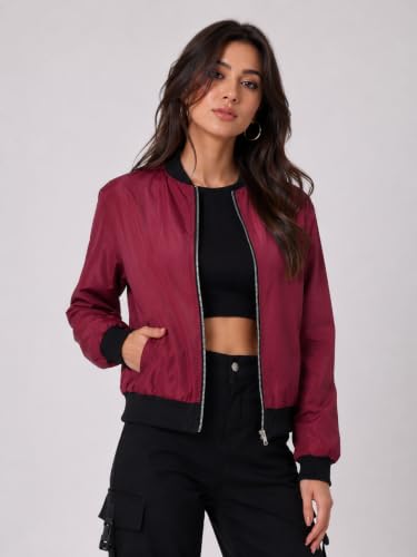 Image of Women's Bomber Jacket | Lightweight Zip-Up Casual Jacket | Full Sleeve Ribbed Collar Solid Jacket with Pockets | Stylish Outdoor Windcheater
