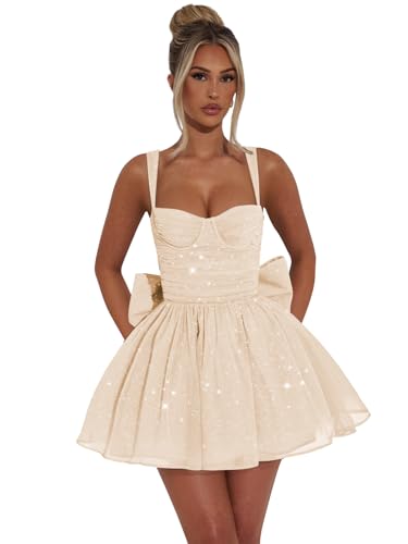 Tulle Short Homecoming Dresses Sequin Sparkly A-Line Mini Dress with Bow