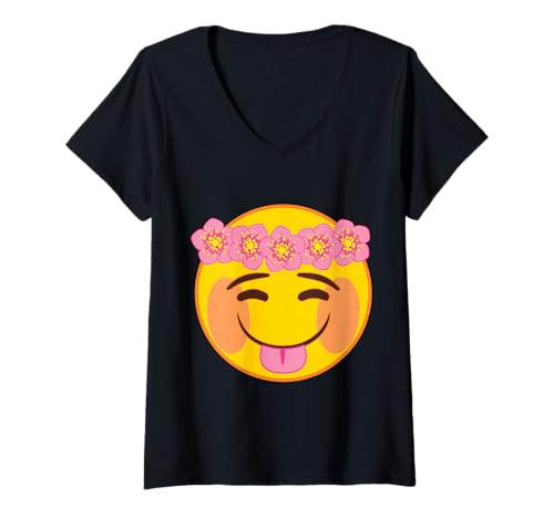Femme Couronne de Fleurs émoticônes Officielles Jaune T-Shirt avec Col en V