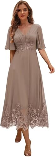 HGXUE Chiffon Floral Grandmother of Bride Dresses Beach Long Evening Dress Plus Size Lace Beaded Taupe Formal Gowns Short Sleeve Wedding Dress for Guest US16
