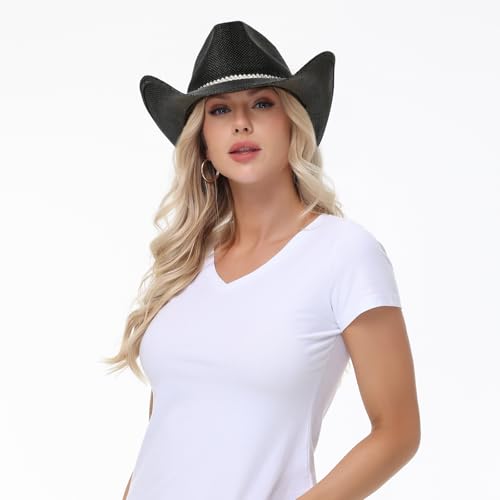 Image of WQWOVRVO Cowboy Hat,Cowgirl Hat,Western Cowboy Hats for Women /Mens /Straw Wide with Shapeable Brim Cowboy Hat for Womens
