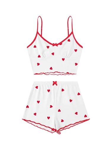 Image of Hilinker Women's 2 Piece Heart Pajama Set Ribbed Cami Top and Shorts Sleepwear Cute Pjs White Red Heart B Medium