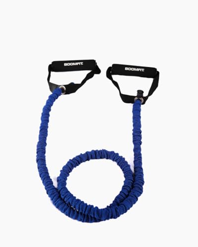 BOOMFIT Cinta Elastica Fitness con Asas (Nivel Medio, Azul) – Banda Elastica Musculacion Recubierta de Tejido para Entrenamiento de Fuerza, Tonificación y Pilates en Casa o Gimnasio