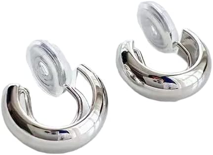 14k Gold Hoop Clip On Earrings No Piercing Fake Chunky Stylish Minimalist Adjustable Comfortable Hypoallergenic Clip On Earrings for Women Teen Girls Unisex Gift (Silver)