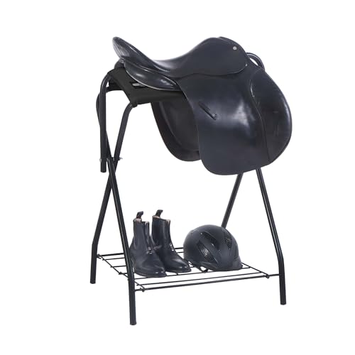 Image of Harrison Howard Saddle Stand Freestanding Full-Size Portable Floor Horse Saddle Rack with Fabric Adds Protection to Underside of Saddle Prevents Bar Indentations Secure Saddle Saddle Black