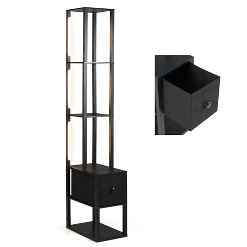 COSTWAY Lampada da Terra, Piantana da Terra con Cassetto, Ripiani, Luminosità Regolabile e Tubi Luminosi Ruotabili 360° Lampada a Stelo per Soggiorno, Camera da Letto e Studio