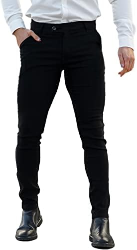 GINGTTO Black Dress Pants for Men Slim Fit Stretch Chinos for Men Fashion(28W30L,Black Plain with Extended Belt)