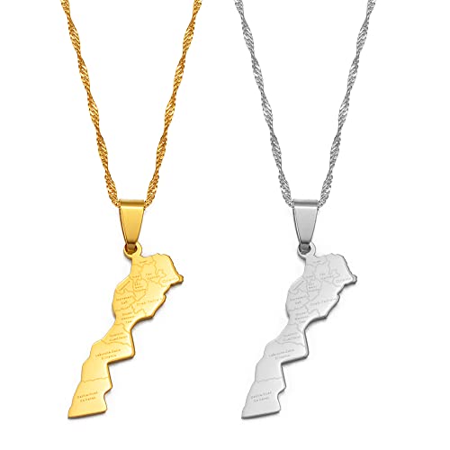 Générique Maroc Carte Villes nom Pendentif Collier Couleur Or Bijoux pour Femmes Hommes Maroc Carte 236721