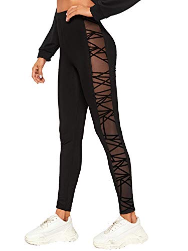 Sweatyrocks Women's Geometric Mesh Panel High Waist Leggings Skinny Workout Yoga Pants Black L #TOP3