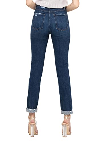 VERVET, Distressed Roll Up Stretch Mom Jean, Dark Blue3