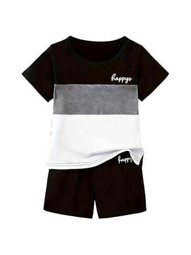 Image of Yoxindax Toddler Kid Boy Clothes Colorblock Letter Graphic Tee Shorts 2PC Summer Outfit Set