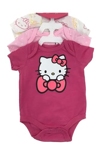 Image of Hello Kitty Baby Girls, Set of 3 Bodysuits (Deep Pink, Light Pink Trio Dots, Multicolor Outlines, 3/6)