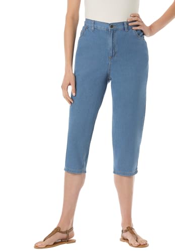 Woman Within Plus Size Perfect 5-Pocket Back-Elastic Denim Capri