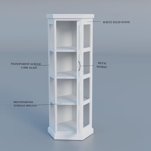 Image of Krishna Wood Decor Soild Sheesham Wood Deco White Daimond Cut Hexagonal Display Book Shelf with Acrylic Glass Door, 4 Storage Shelves Conner Bookcase, Display Cabinet Use for Library & Gust Areas