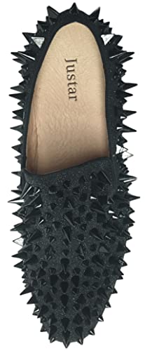 Justar Men's Leather Spikes Loafers Studded Dress Shoes Slip-on Flats Long Rivet Party Shoes3