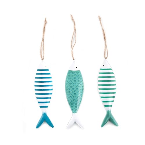 Décoration Marine Poissons Suspendus, 3 pièces: Figurines métal Bleu, Turquoise & Blanc, déco mer, été, Salle de Bain, Salon, Style Bord, Cadeaux...