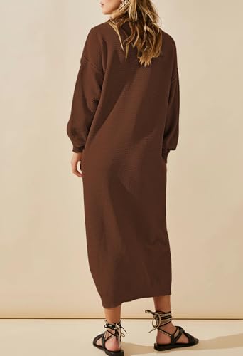 Image of Cutiefox Women's Fall Winter Sweater Long Dress Button V Neck Batwing Long Sleeve Oversized Waffle Knit Dresses