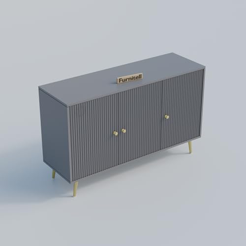 Image of Wooden Storage Cabinet for Living Room & Bedroom | Fluted Design Sideboard Cabinet with 3 Doors Storage Unit | Multipurpose Organizer for Entryway | HDMR Premium Wood|Gold Metal Legs (Grey)